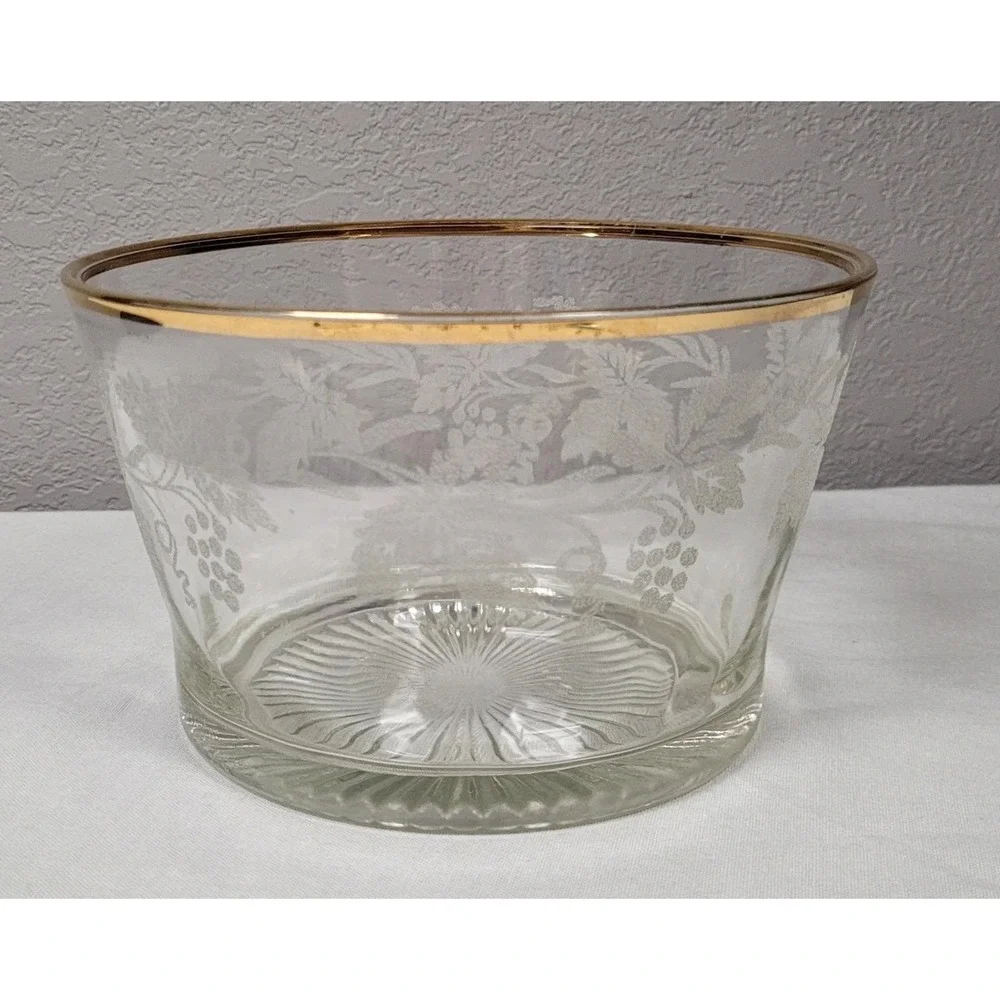 Bartlett-Collins Etched Glass Bowl Ice Bucket Golden Grapes Vintage 1940s